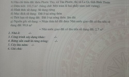 [SỐC] BÁN LÔ ĐẤT THÔN PHƯỚC THỌ, TÂN PHƯỚC, LAGI, BÌNH THUẬN